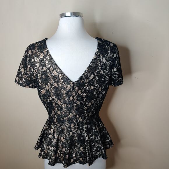 Mango Lace Peplum Top Short Sleeve Black Nude Blouse - Picture 6 of 8